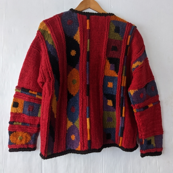 VINTAGE boho red chunky knit cardigan sweater - Picture 5 of 10